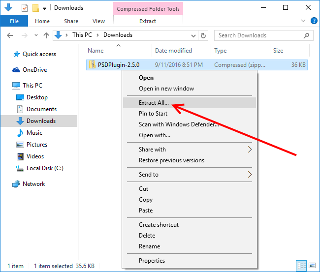 Windows Explorer context menu item: Extract All...