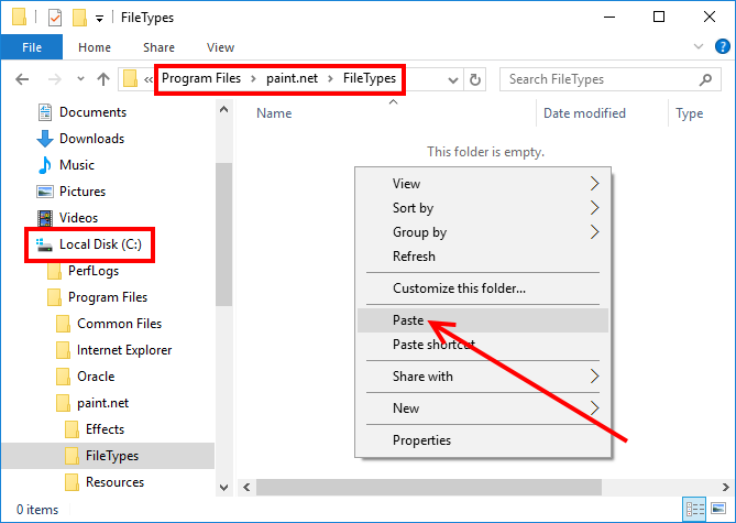 Windows Explorer context menu item: Paste