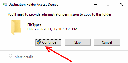 Destination Folder Access Denied dialog box